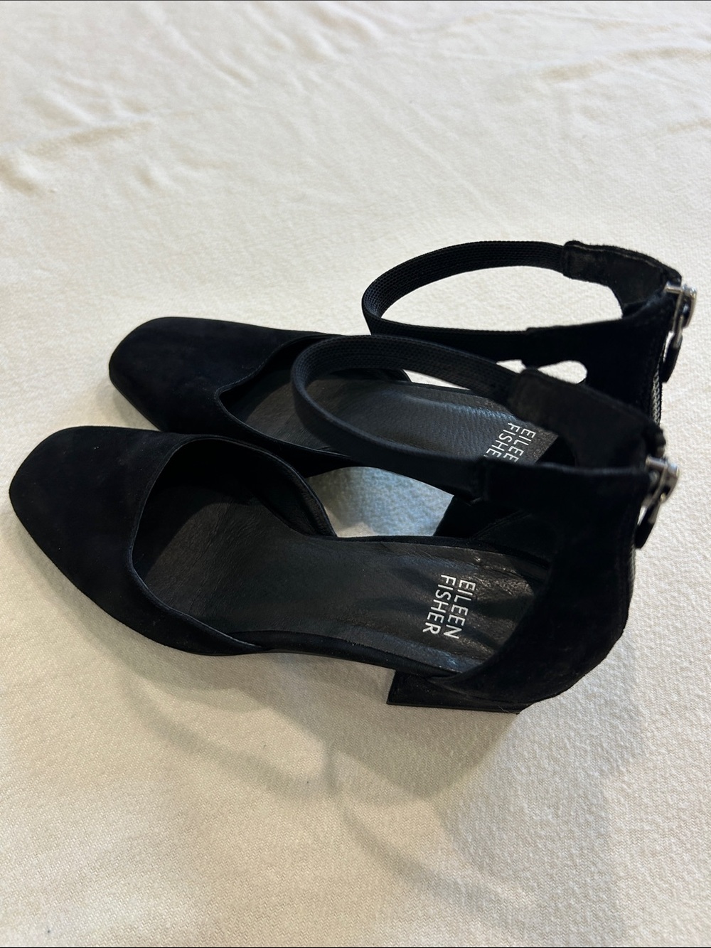 Eileen Fisher Black Suede Ankle-Strap Block Heels